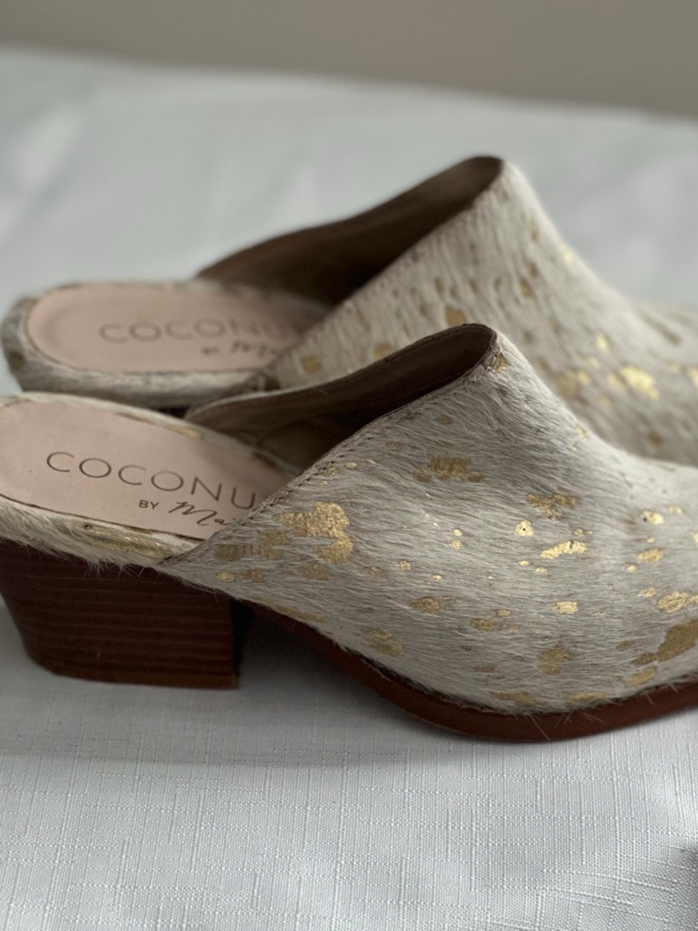 Coconuts by Matisse White Haircalf Mules with Gold Fleck